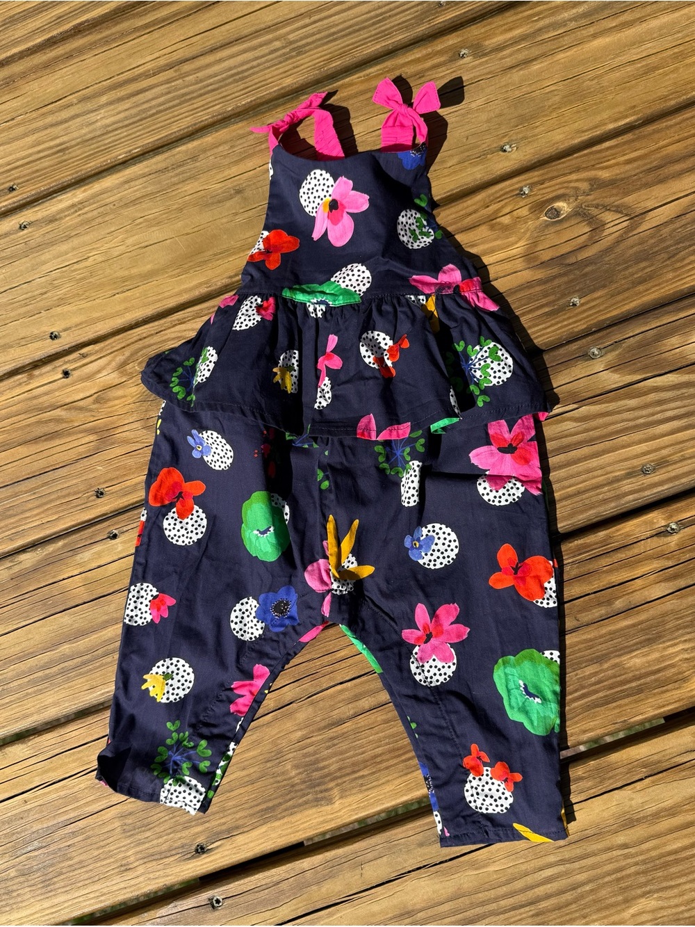 Catimini Navy Floral Tiered Baby Romper with Pink Bow Straps